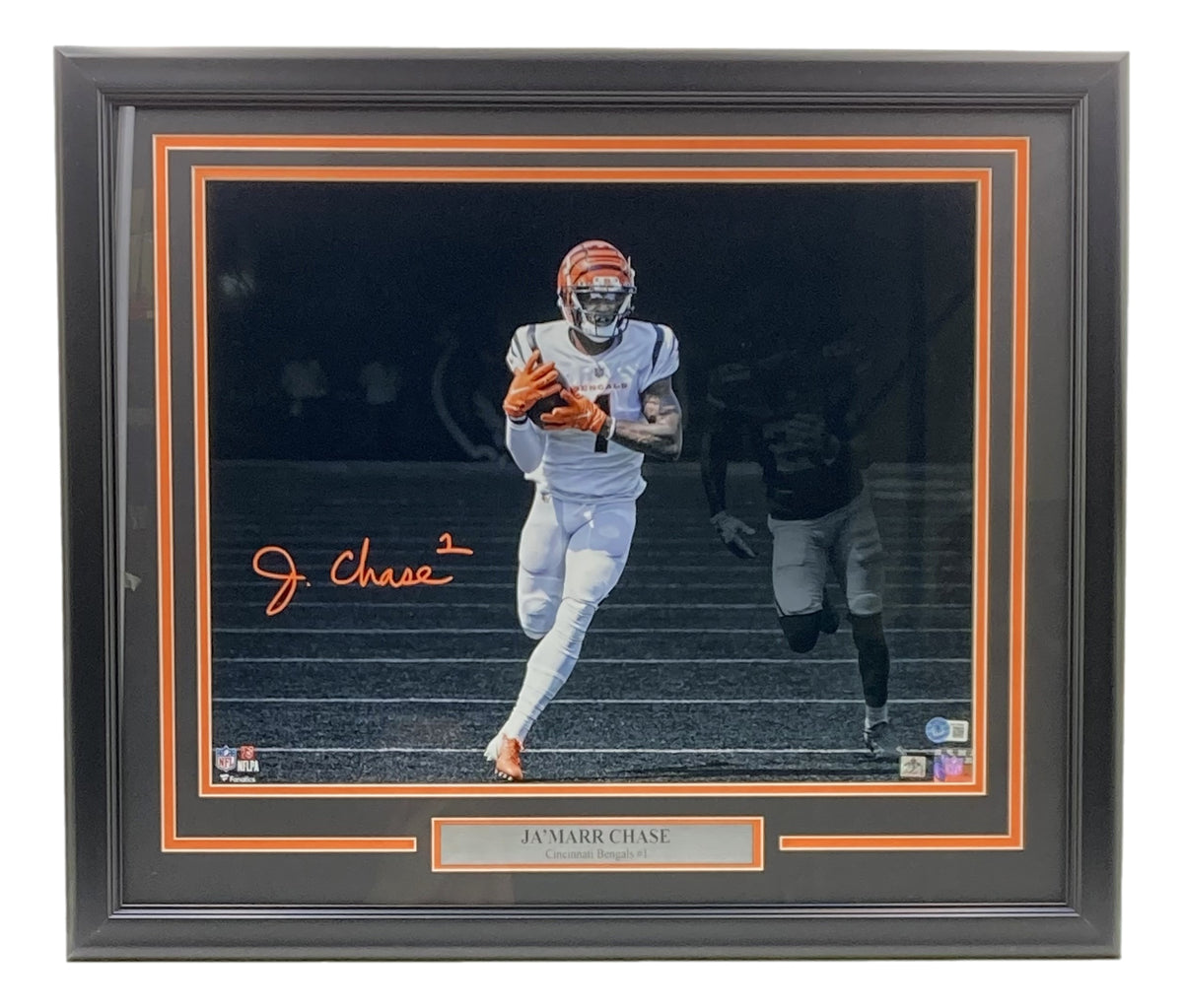 Ja'Marr Chase Signed Custom 35" X 43" Framed Bengals White  Jersey Beckett