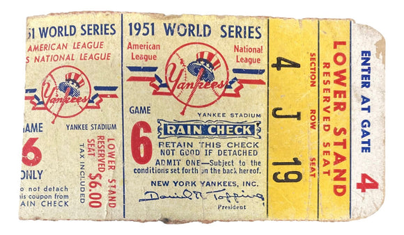 1951 World Series Game 6 Ticket Stub New York Yankees vs Giants DiMaggio Last WS