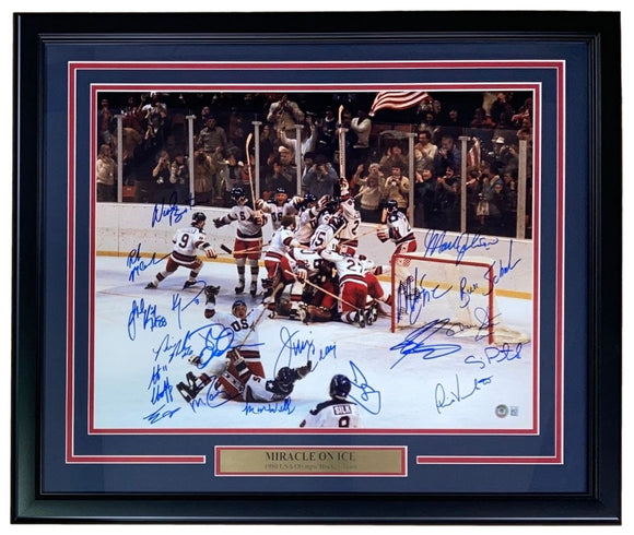 1980 USA Miracle On Ice (19) Team Signed Framed 16x20 Photo BAS - Sports Integrity