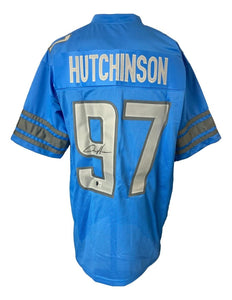 Aidan Hutchinson Detroit Signed Blue Football Jersey BAS - Sports Integrity