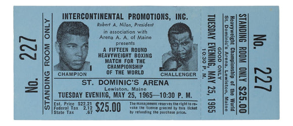 1965 Muhammad Ali Vs Sonny Liston Phantom Punch Boxing Match Blue Full Ticket - Sports Integrity