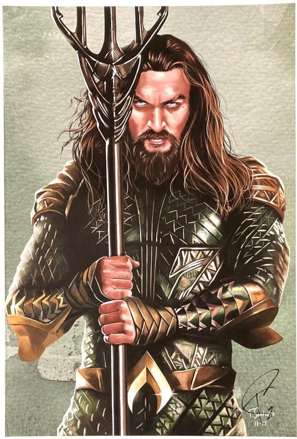 Jason Mamoa 13x19 Aquaman Lithograph Signed by Tony Santiago - Sports Integrity