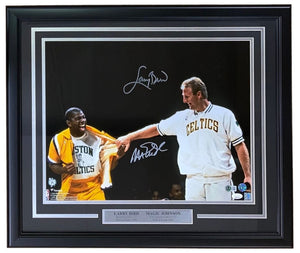 Larry Bird Magic Johnson Signed Framed 16x20 Celtics Shirt Pull Photo JSA+BAS