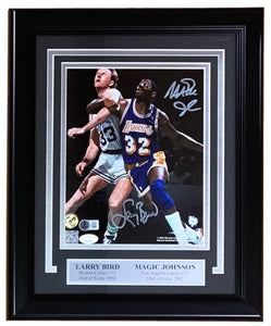 Larry Bird Magic Johnson Signed Framed 8x10 Celtics vs Lakers Photo JSA+BAS