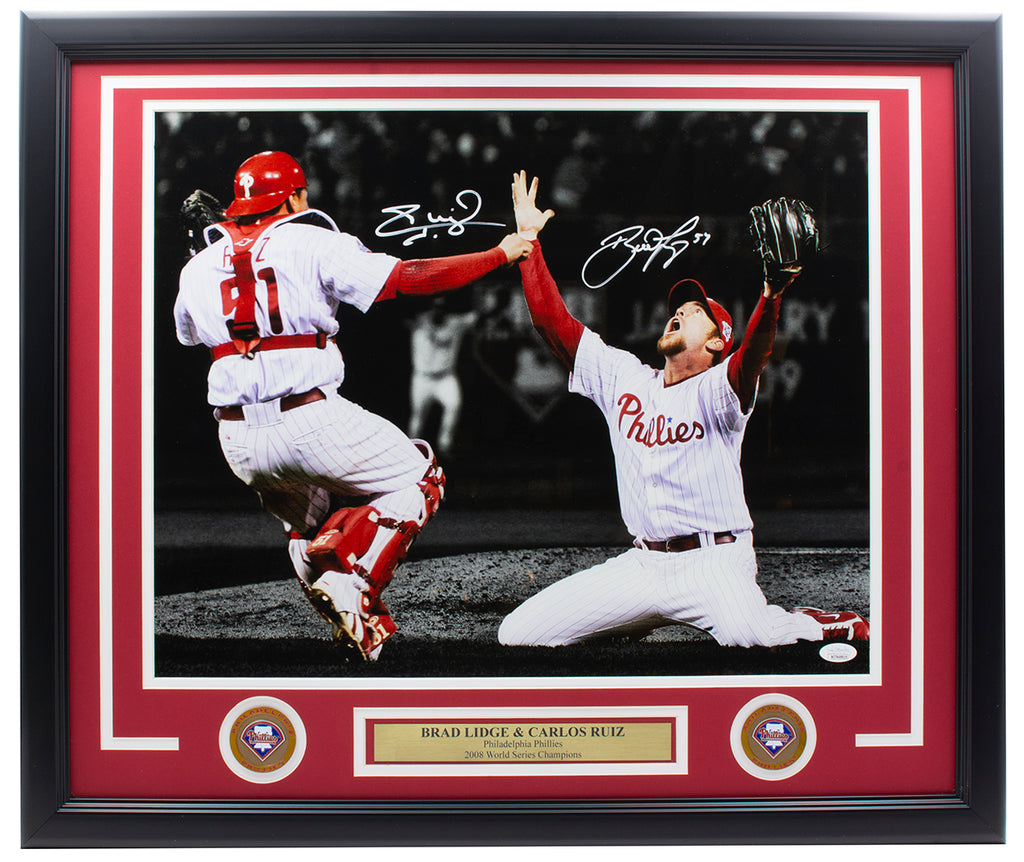 Brad Lidge & Carlos Ruiz 2008 World Series Last Out Celebration  Philadelphia Phillies Framed Baseball Photo with Engraved Autographs