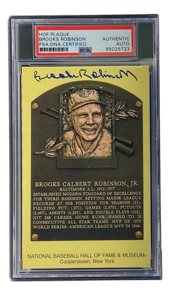 Brooks Robinson Signed 4x6 Baltimore Orioles HOF Plaque Card PSA/DNA 85025723 - Sports Integrity