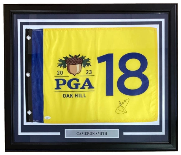 Cameron Smith Signed Framed 2023 PGA Oak Hill Yellow Golf Flag JSA - Sports Integrity