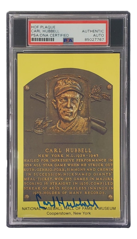 Carl Hubbell Signed 4x6 New York Giants Hall Of Fame Plaque Card PSA/DNA 85027767 - Sports Integrity