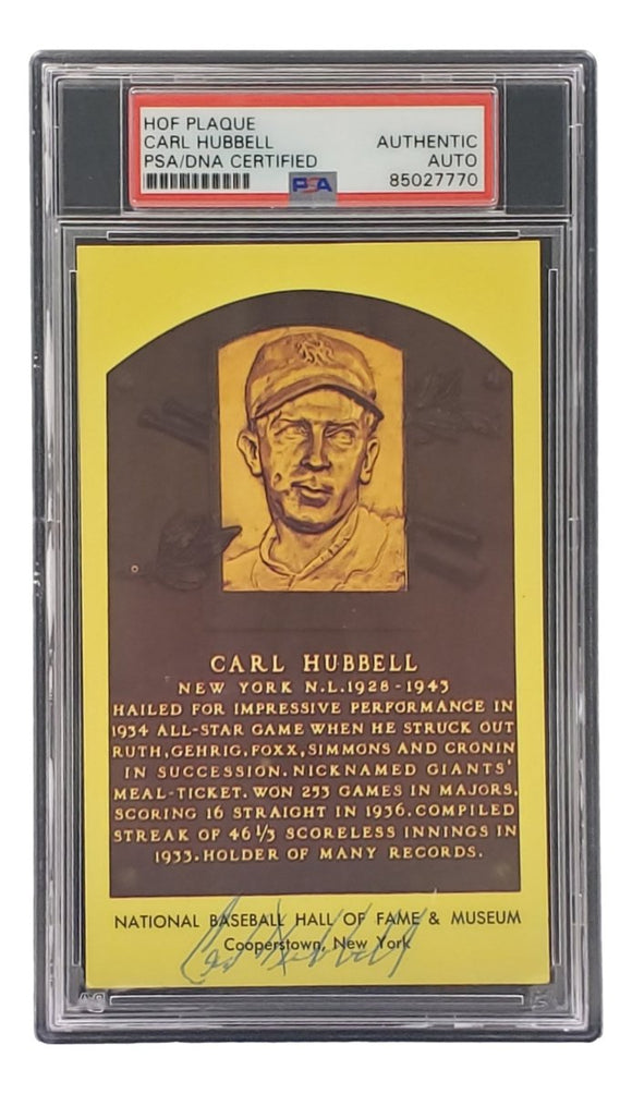 Carl Hubbell Signed 4x6 New York Giants Hall Of Fame Plaque Card PSA/DNA 85027770 - Sports Integrity