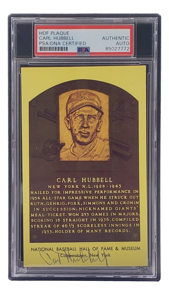 Carl Hubbell Signed 4x6 New York Giants Hall Of Fame Plaque Card PSA/DNA 85027772 - Sports Integrity