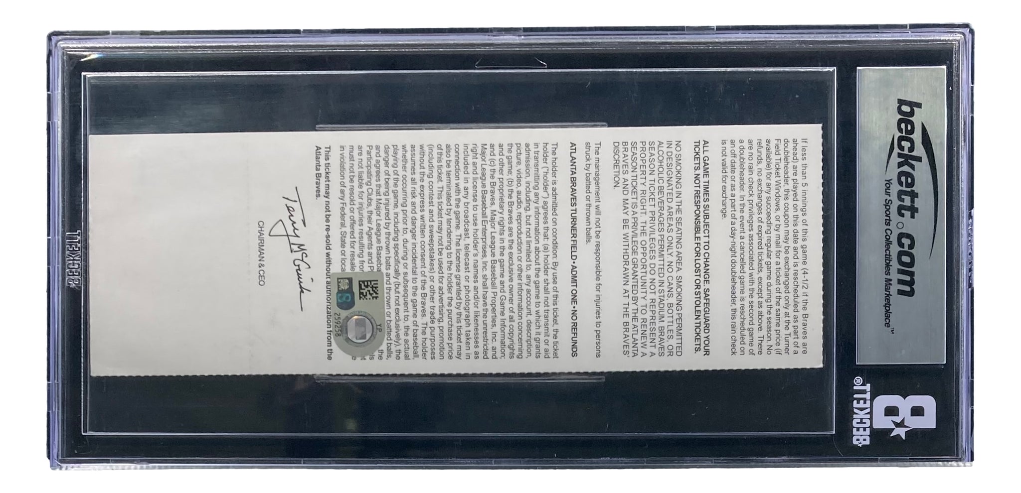 Chipper Jones Atlanta Braves Autographed & Inscribed Beckett Fanatics  Witnessed Authenticated Game Ticket vs. Detroit Tigers on June 26, 2010  (BAS 10)