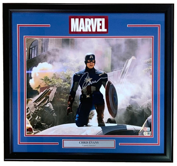 Chris Evans Signed Framed 16x20 Captain America Kneel Photo BAS LOA - Sports Integrity