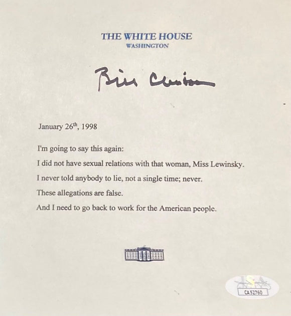 Bill Clinton Signed In Black Mock White House Letter Monica Lewinsky 6x6 JSA - Sports Integrity