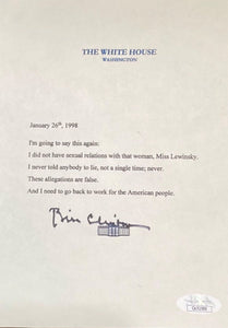 Bill Clinton Signed on Bottom Mock White House Logo Statement Lewinsky JSA - Sports Integrity