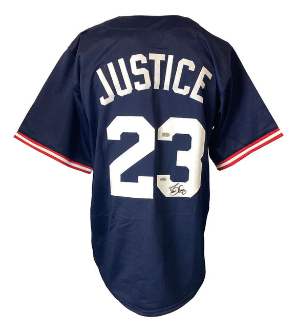 David Justice Atlanta Signed Navy Blue Baseball Jersey Sports Integrity - Sports Integrity