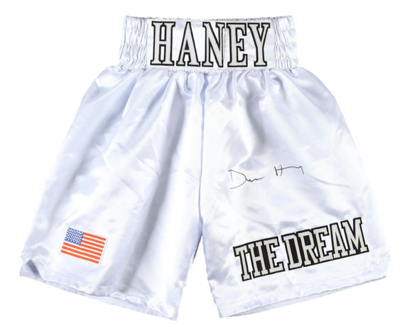 Devin Haney Signed Custom White Boxing Trunks BAS ITP