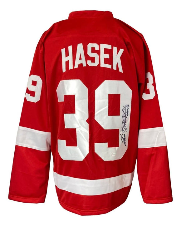 Dominik Hasek Detroit Signed Red Hockey Jersey HOF 14 Inscribed JSA - Sports Integrity