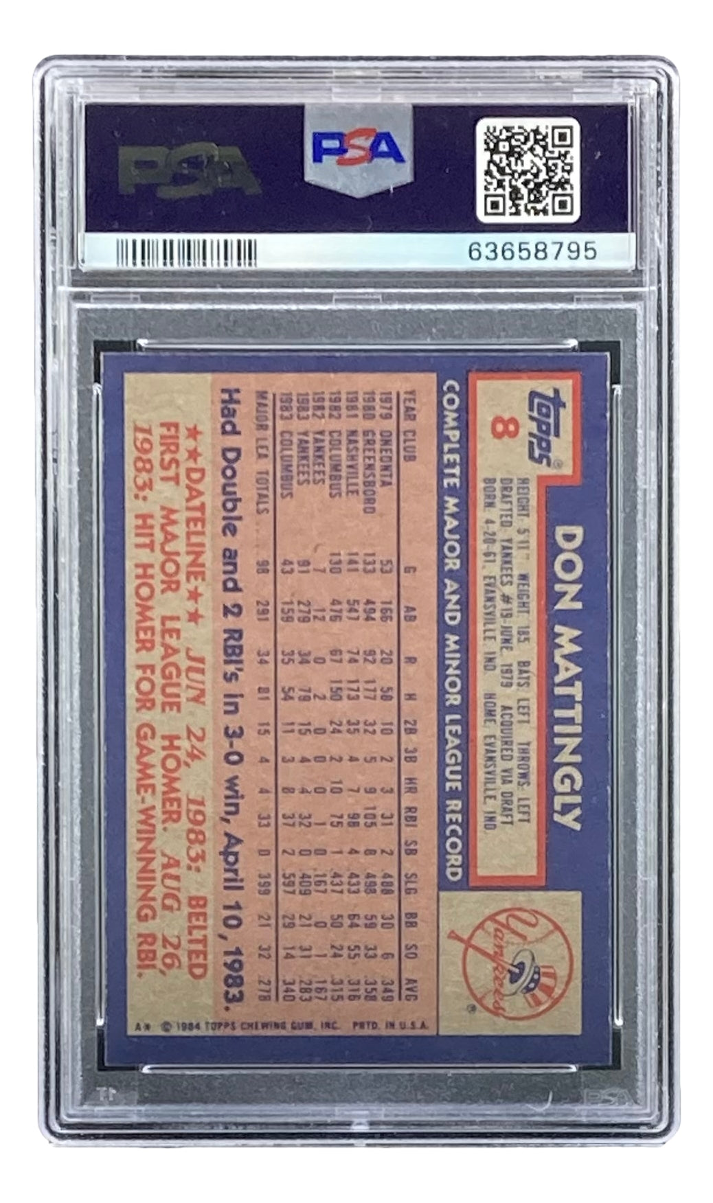 Don Mattingly Autographed 1984 Topps Rookie Card #8 New York