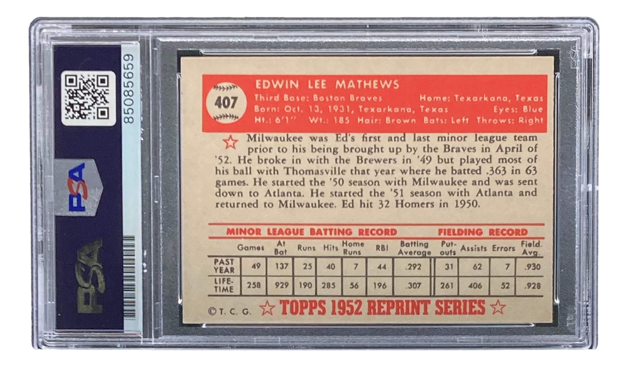 1952 Eddie Mathews Game Worn Boston Braves Rookie Jersey, MEARS, Lot  #81476