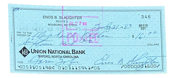 Enos Slaughter St. Louis Cardinals Signed Bank Check #346 BAS - Sports Integrity