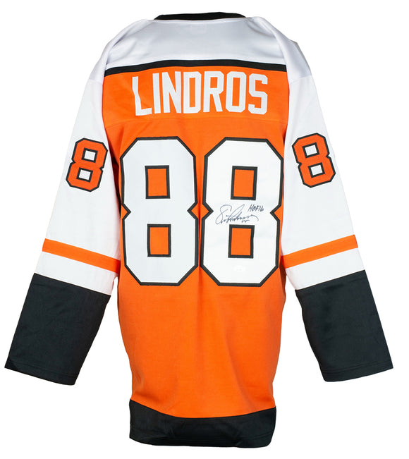 Eric Lindros Signed Custom Orange Hockey Jersey HOF 16 Inscription JSA ITP