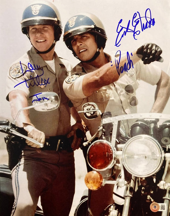 Erik Estrada Larry Wilcox Signed 11x14 CHIPS Motorcycle Photo Inscribed BAS ITP - Sports Integrity