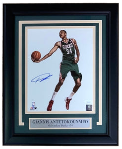 Giannis Antetokounmpo Signed Framed 8x10 Milwaukee Bucks Green Jersey Photo JSA