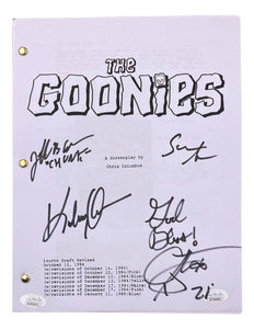 Astin Feldman Cohen Huy Quan Signed The Goonies Script God Bless Insc JSA ITP - Sports Integrity