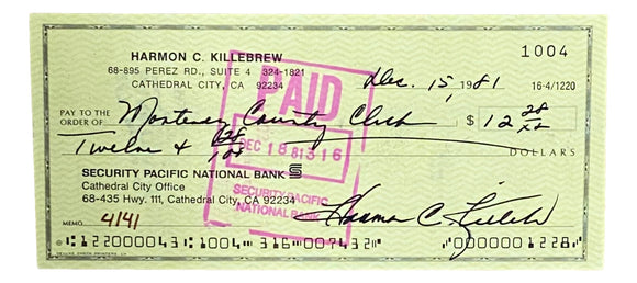 Harmon Killebrew Minnesota Twins Signed Personal Bank Check #1004 BAS