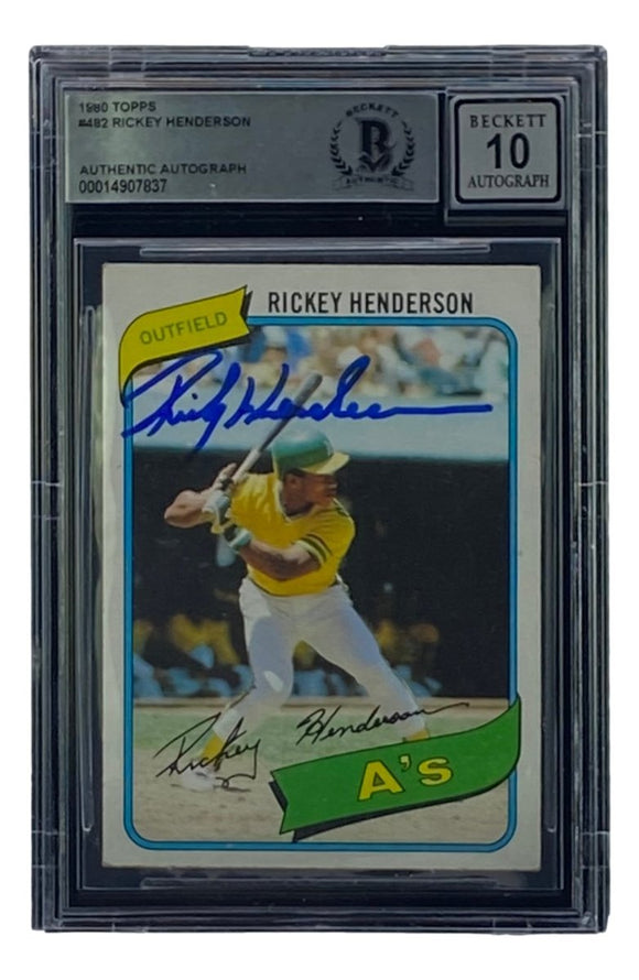 Rickey Henderson Signed 1980 Topps #482 Oakland A's Baseball Card BAS Grade 10 - Sports Integrity