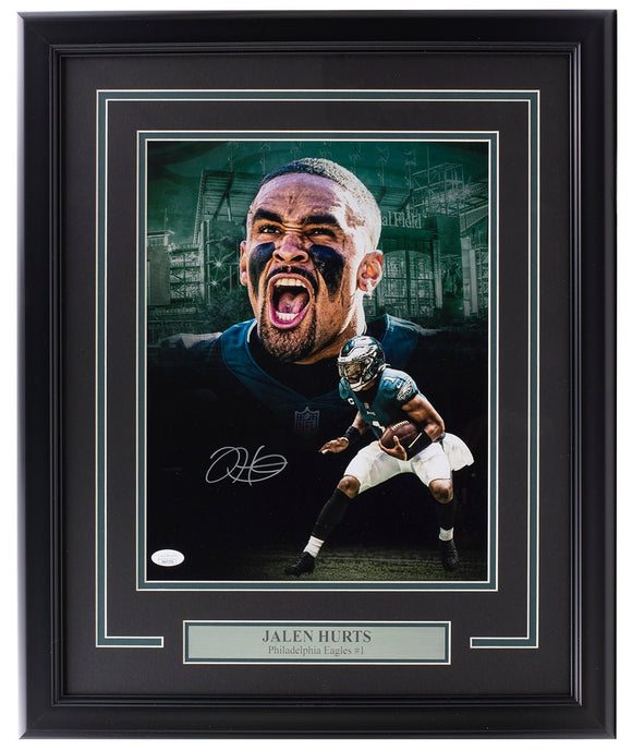 Jalen Hurts Signed Framed Eagles 11x14 Football Scream Collage Photo JSA - Sports Integrity