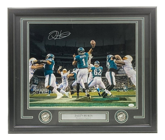 Jalen Hurts Signed Framed 16x20 Philadelphia Eagles vs Chargers Photo JSA ITP - Sports Integrity