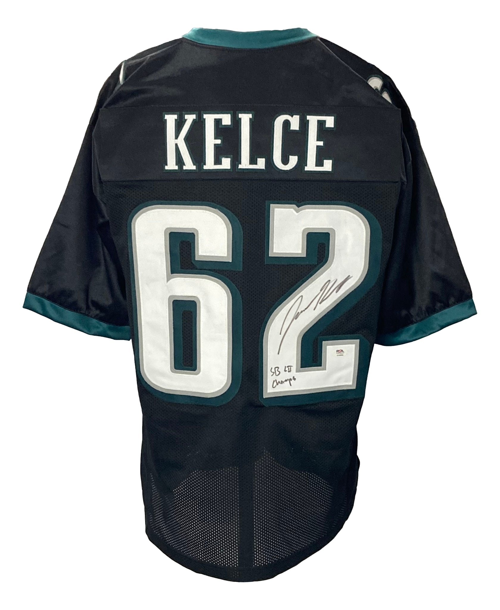 Sports Integrity Jason Kelce Signed Framed Custom Black Football Jersey SB LII Champs PSA Itp