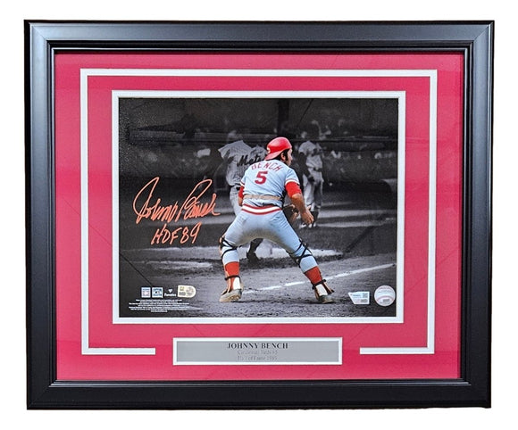 Johnny Bench Signed Framed 11x14 Cincinnati Reds Photo HOF 89 Inscribed Fanatics - Sports Integrity