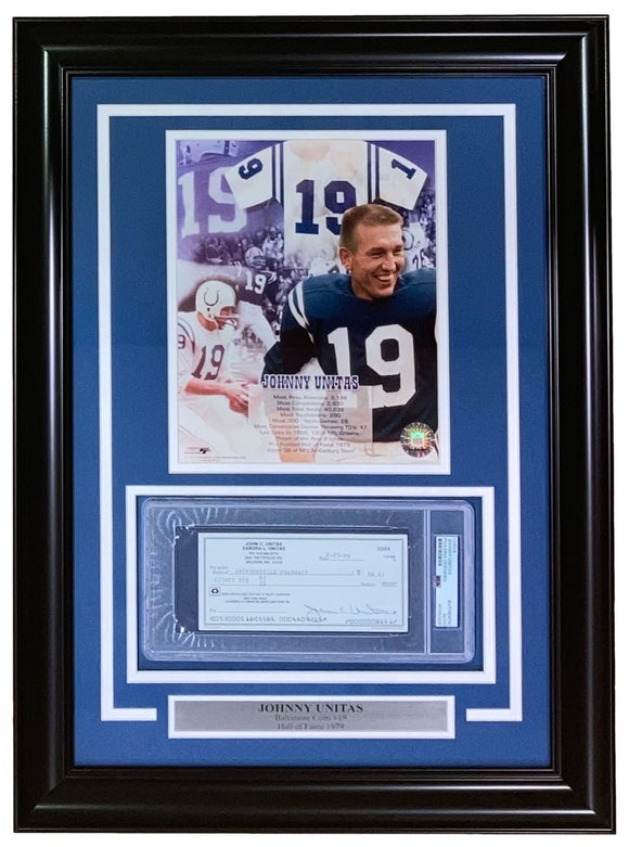 Johnny Unitas Baltimore Colts Signed Framed Bank Check #5584 PSA