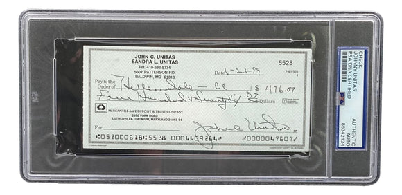 Johnny Unitas Baltimore Colts Signed Bank Check #5528 PSA