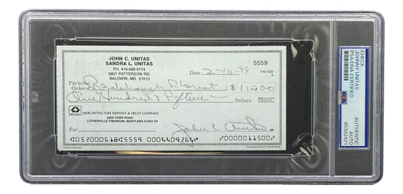 Johnny Unitas Baltimore Colts Signed Bank Check #5559 PSA