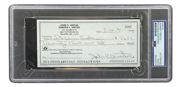 Johnny Unitas Baltimore Colts Signed Bank Check #5560 PSA