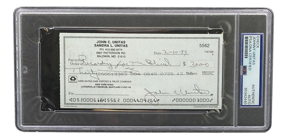 Johnny Unitas Baltimore Colts Signed Bank Check #5562 PSA