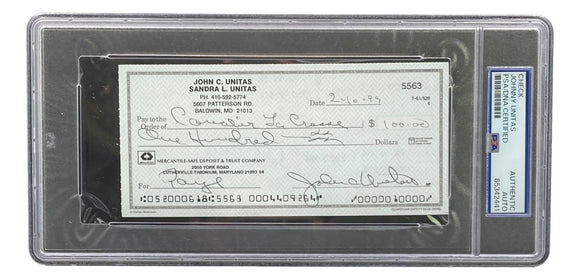 Johnny Unitas Baltimore Colts Signed Bank Check #5563 PSA