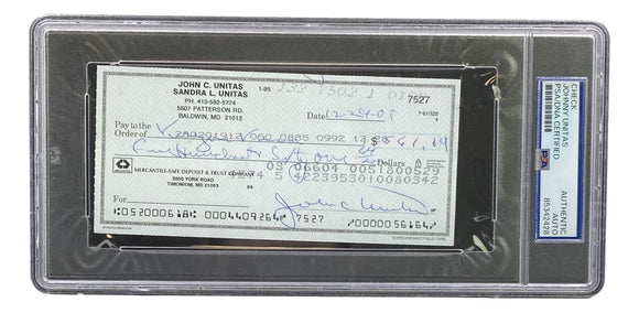 Johnny Unitas Baltimore Colts Signed Bank Check #7527 PSA