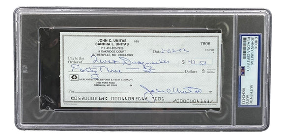 Johnny Unitas Baltimore Colts Signed Bank Check #7606 PSA