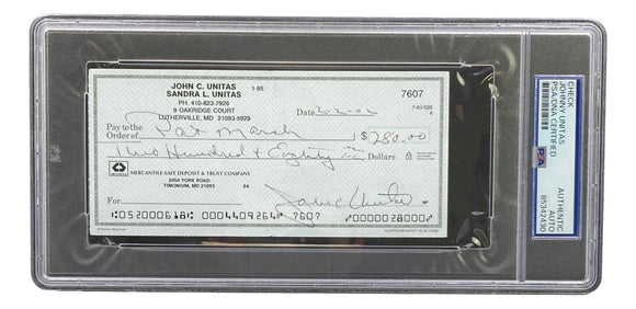 Johnny Unitas Baltimore Colts Signed Bank Check #7607 PSA