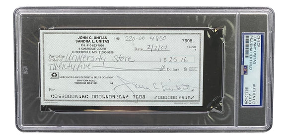 Johnny Unitas Baltimore Colts Signed Bank Check #7608 PSA