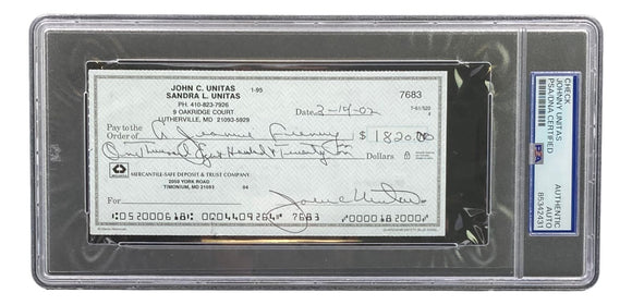 Johnny Unitas Baltimore Colts Signed Bank Check #7683 PSA