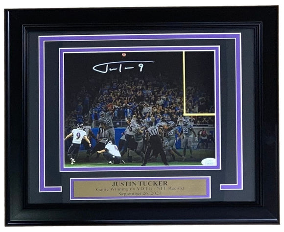 Justin Tucker Signed Framed 8x10 Ravens Record Kick Spotlight Photo JSA ITP