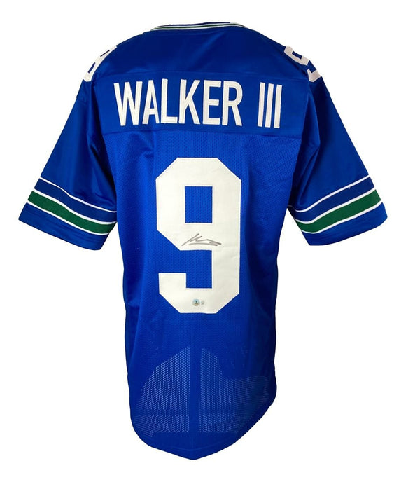 Kenneth Walker III Seattle Signed Throwback Blue Football Jersey BAS - Sports Integrity