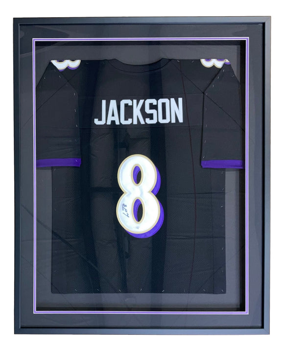 Sports Integrity Lamar Jackson Signed Framed Custom Black Pro Style Football Jersey JSA Hologram