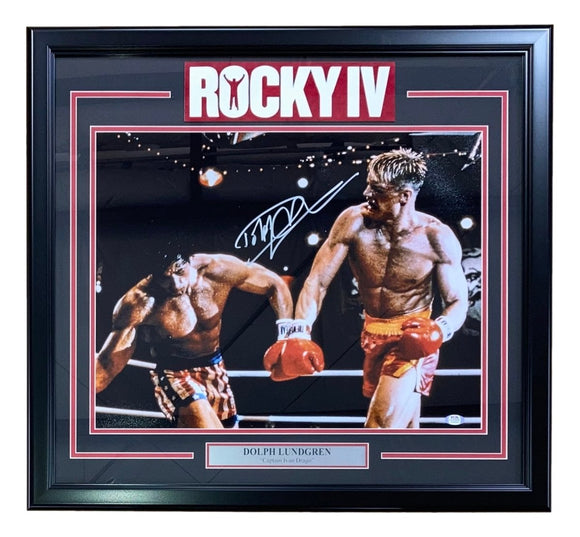 Dolph Lundgren Signed Framed 16x20 Rocky IV Punch Photo PSA ITP - Sports Integrity