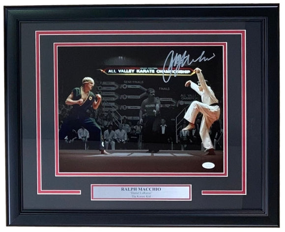 Ralph Macchio Signed Framed 11x14 Karate Kid Crane Kick Spotlight Photo JSA ITP - Sports Integrity